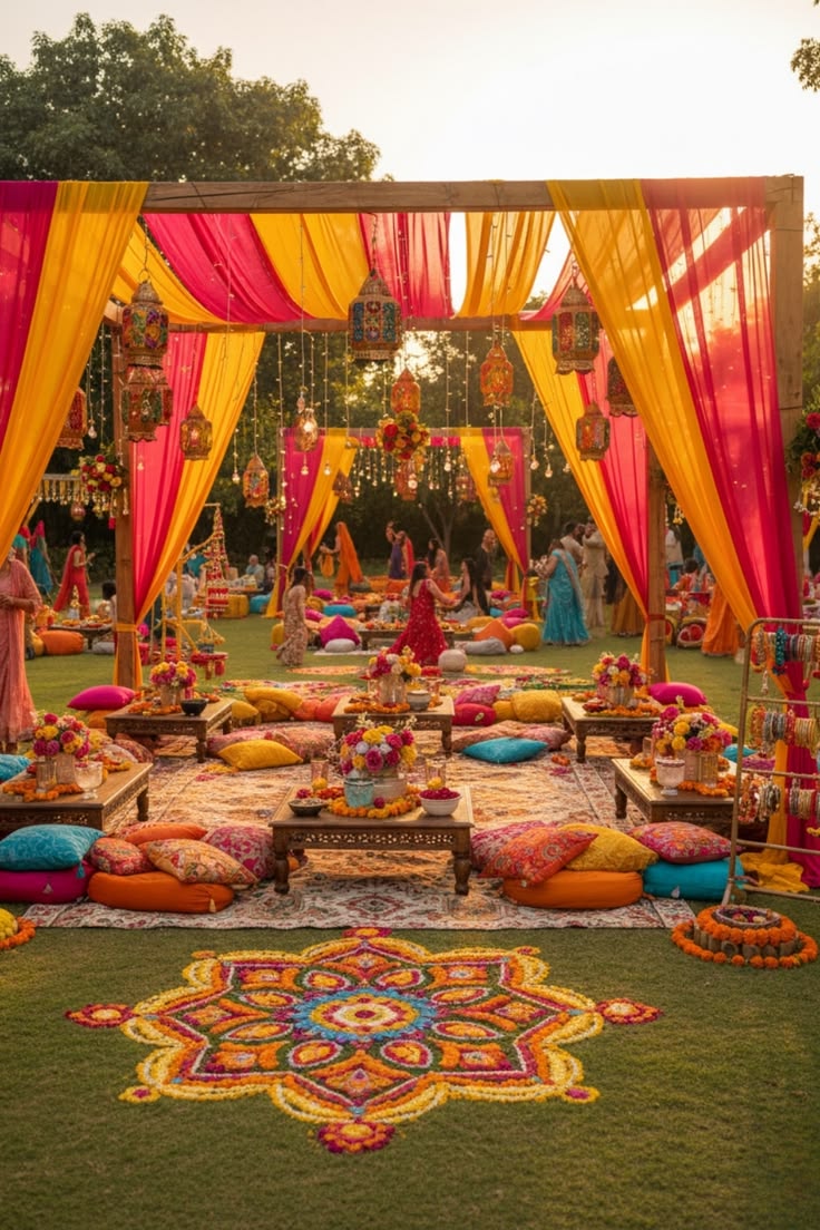 Traditional carved mandap structure indoors